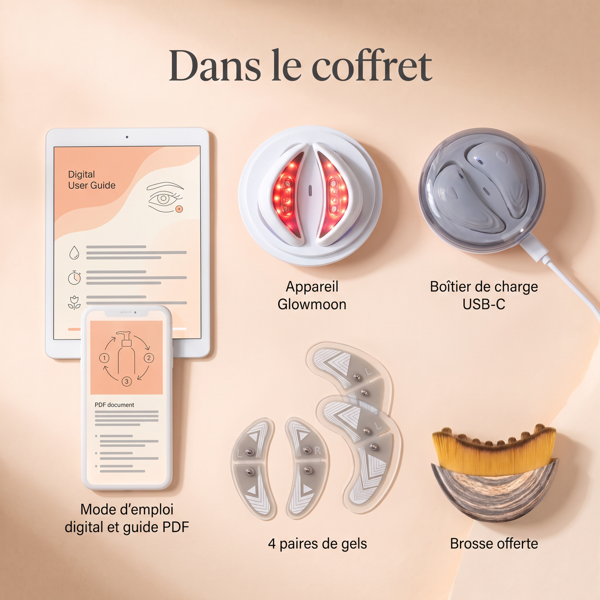 Contenu du coffret Glowmoon : appareil, boîtier de charge, gels, guide, brosse offerte