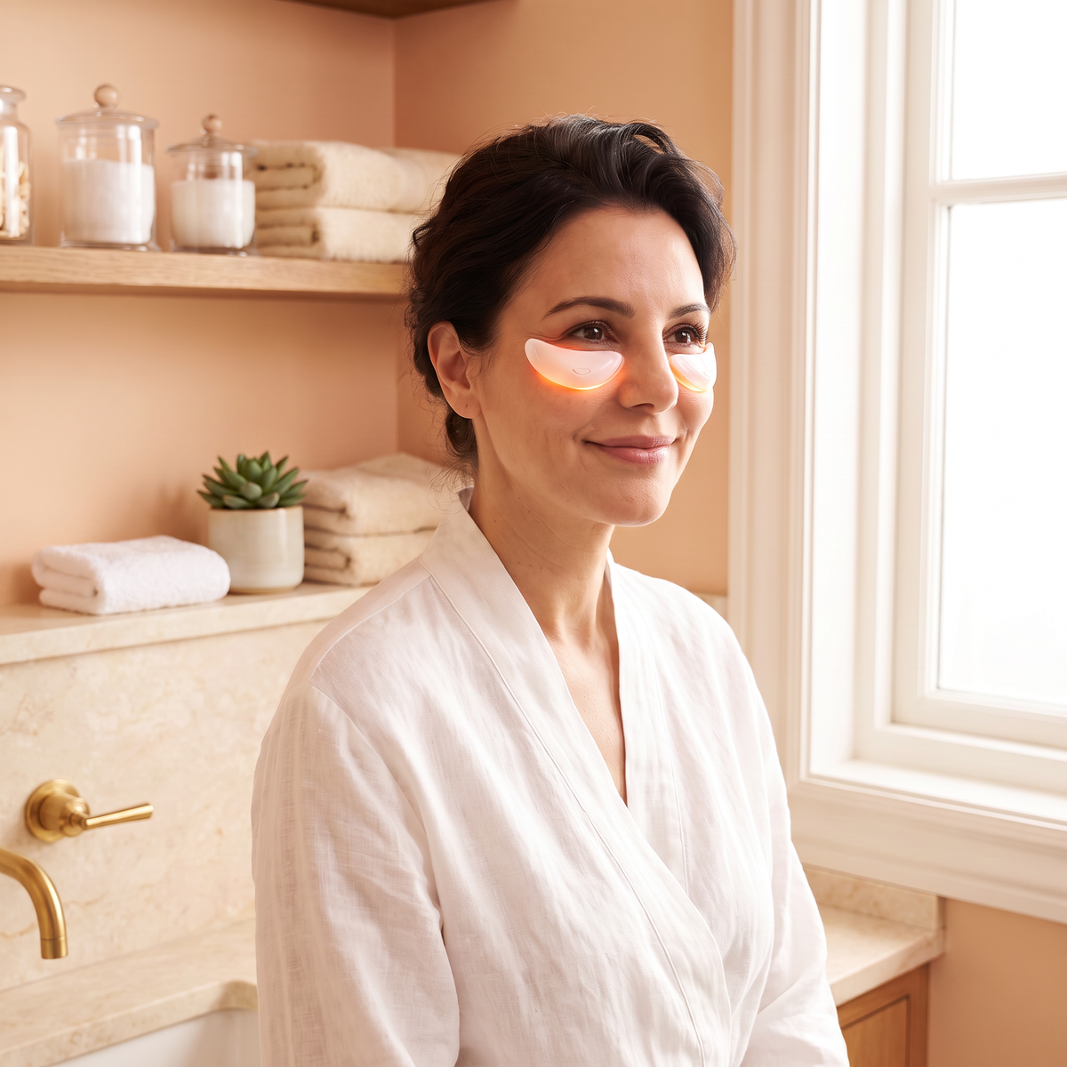 Femme portant l'appareil Glowmoon sous les yeux dans sa salle de bain