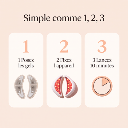 Utilisation de Glowmoon en 3 étapes : poser les gels, fixer l'appareil, lancer 10 minutes